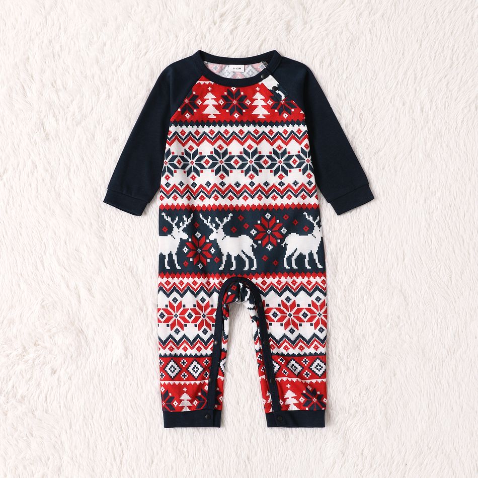 Christmas Cartoon Reindeer Print Family Matching Raglan Long-sleeve Pajamas Sets (Flame Resistant) Dark Blue/white big image 10
