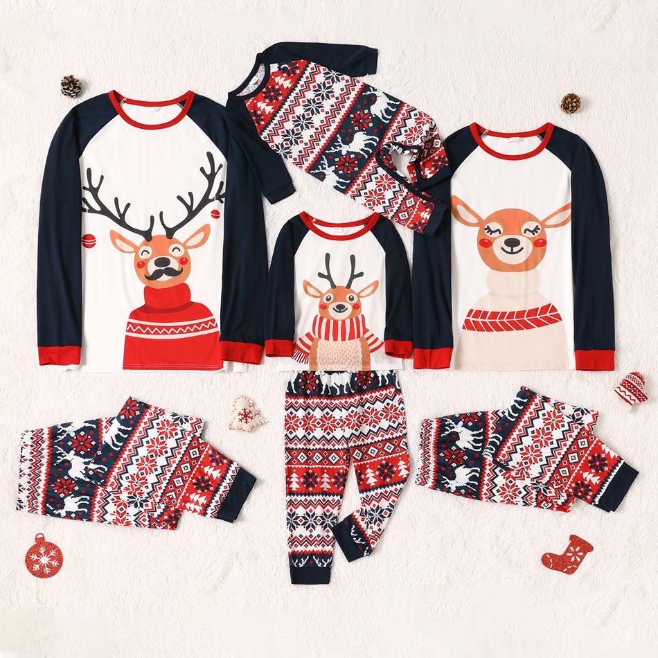 Christmas Cartoon Reindeer Print Family Matching Raglan Long-sleeve Pajamas Sets (Flame Resistant) Dark Blue/white big image 1