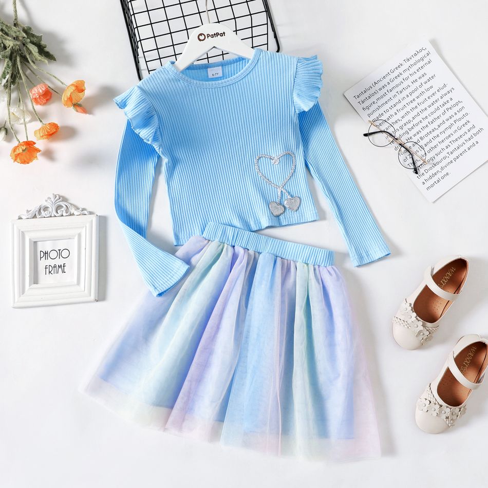 2-piece Kid Girl Heart Embroidered Ruffled Ribbed Long-sleeve Top and Colorful Mesh Skirt Set Blue