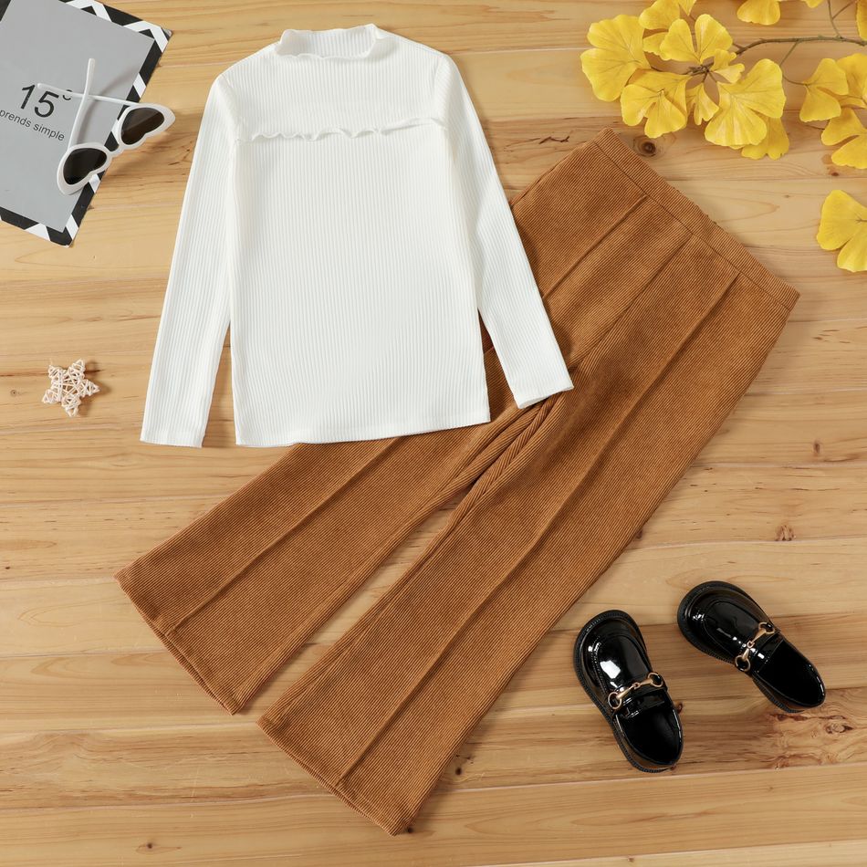 2-piece Kid Girl Mock Neck Long-sleeve White Top and Seam Detail Brown Pants Set White