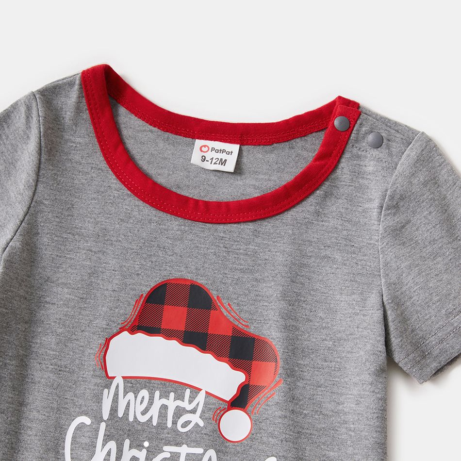 Christmas Plaid Hat and Letter Print Gray Family Matching Short-sleeve Pajamas Sets (Flame Resistant) Light Grey big image 16