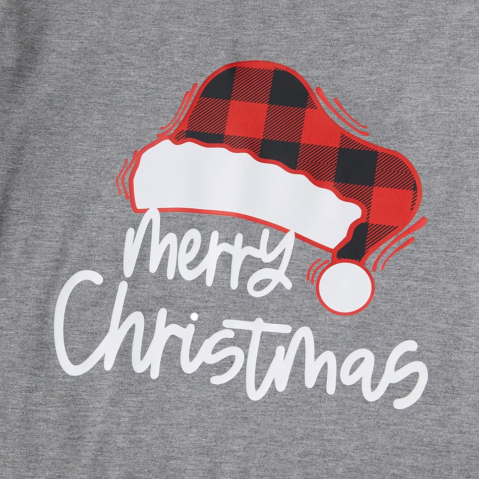 Christmas Plaid Hat and Letter Print Gray Family Matching Short-sleeve Pajamas Sets (Flame Resistant) Light Grey big image 9