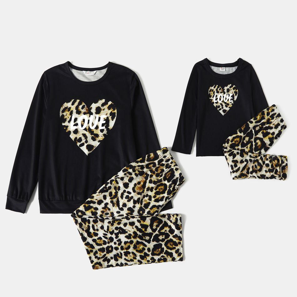 Mother's Day Love Heart Letter Print Black Long-sleeve Sweatshirt with Leopard Pants Sets for Mom and Me Color block