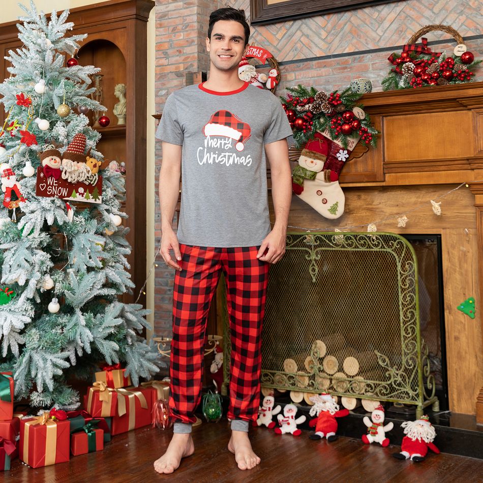 Christmas Plaid Hat and Letter Print Gray Family Matching Short-sleeve Pajamas Sets (Flame Resistant) Light Grey big image 2