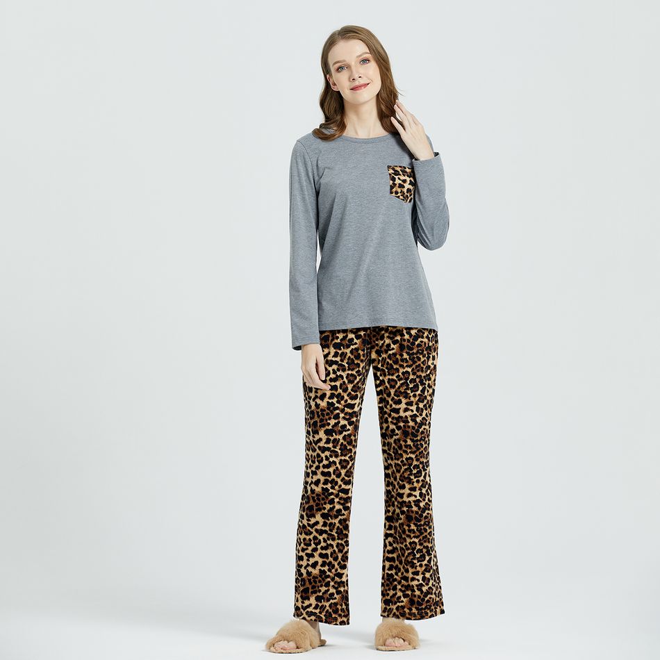 Roupa de lazer de pijama de manga comprida com estampa de leopardo Cinzento