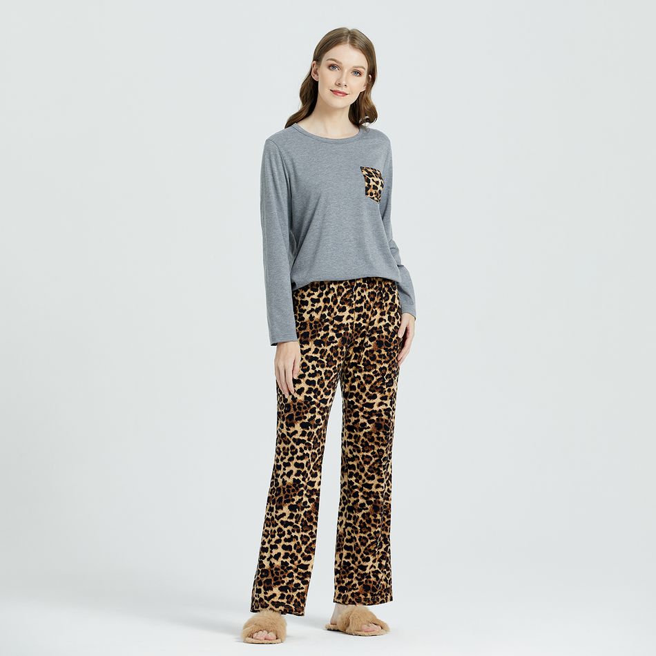 Roupa de lazer de pijama de manga comprida com estampa de leopardo Cinzento big image 2