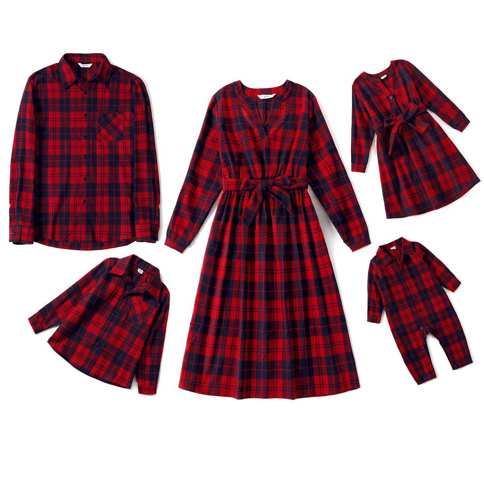 Christmas Red Plaid Family Matching V Neck Long-sleeve Dresses and Shirts Sets red