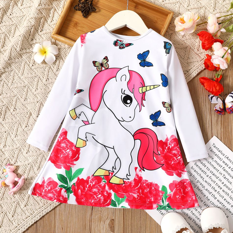 Baby/Toddler Girl Unicorn Butterfly Floral Print Long-sleeve Dress White