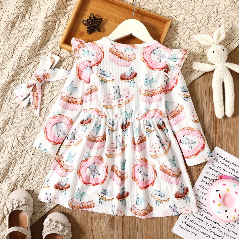 2-piece Toddler Girl Ruffled Rabbit Donut Print Long-sleeve Dress and Headband Set Multi-color big image 2