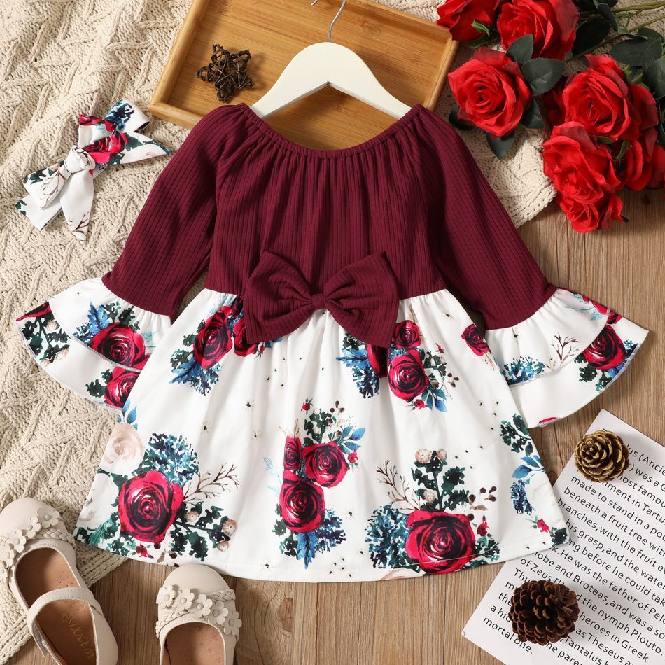 Toddler Girl Bowknot Design Ribbed Floral Print Splice Layered Long Bell sleeves Dress Multi-color