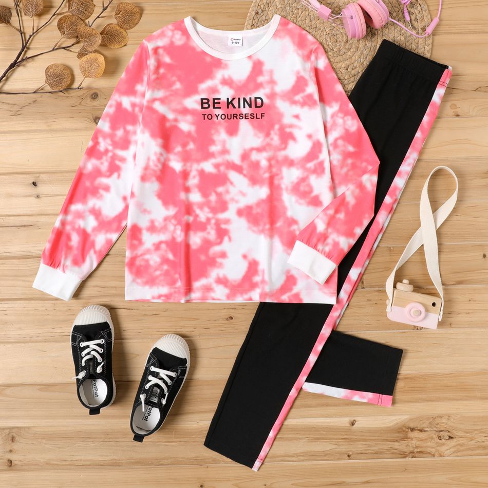 2-piece Kid Girl Letter Print Tie Dye Long-sleeve Top and Colorblock Pants Set Pink