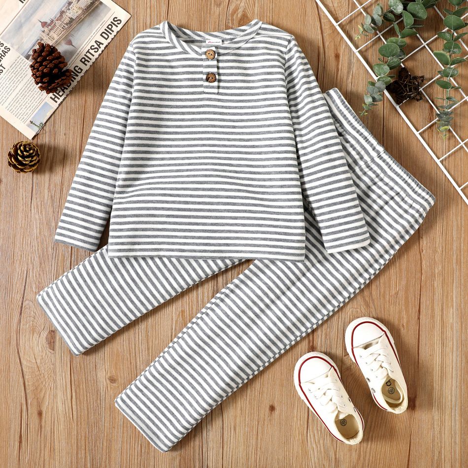 2-piece Toddler Boy Stripe Long-sleeve Henley Shirt and Pants Casual Set Light Grey