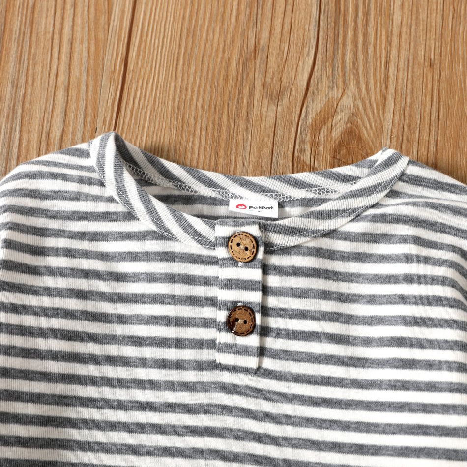 2-piece Toddler Boy Stripe Long-sleeve Henley Shirt and Pants Casual Set Light Grey big image 5
