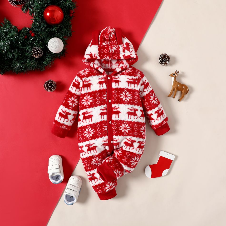 Baby Boy Christmas Deer Snowflake Pattern Colorblock Fuzzy Hooded Jumpsuit Red