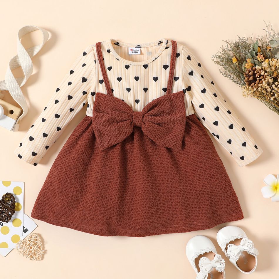 Baby Girl Love Heart Print Long-sleeve Splicing Solid Bowknot Dress Brown