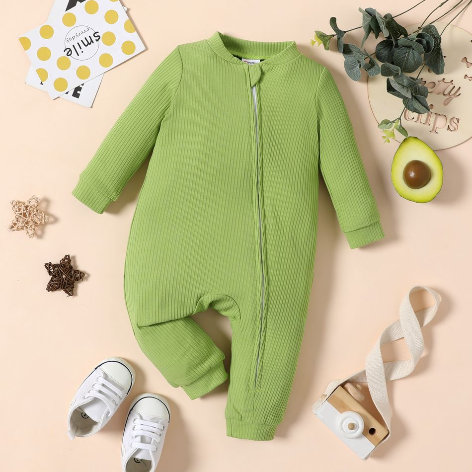 Baby Girl Ribbed Green/White Avocado Print Long-sleeve Zip Jumpsuit Green