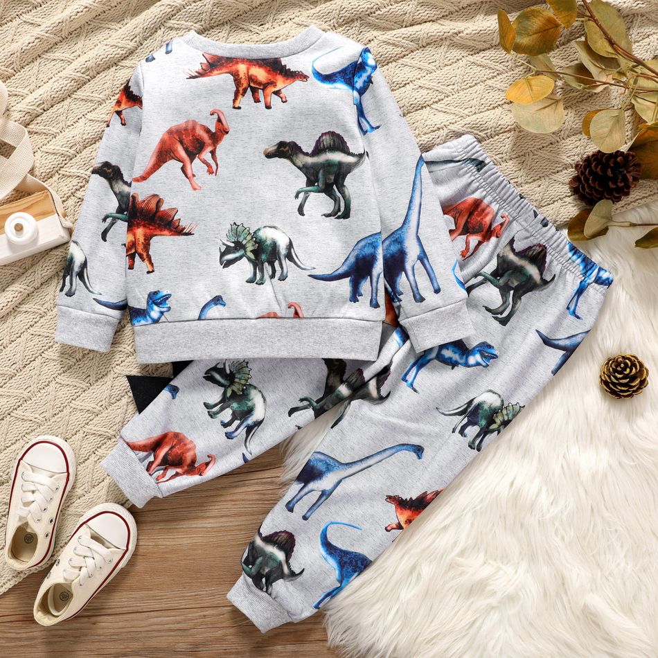 2-piece Toddler Boy Animal Dinosaur Print Pullover Sweatshirt and Pants Casual Set Light Grey big image 3