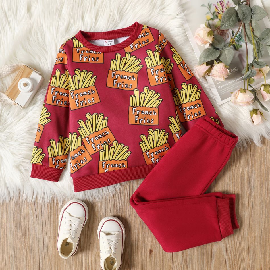 2-piece Toddler Boy Letter Food Print Sweatshirt and Solid Color Pants Set Burgundy