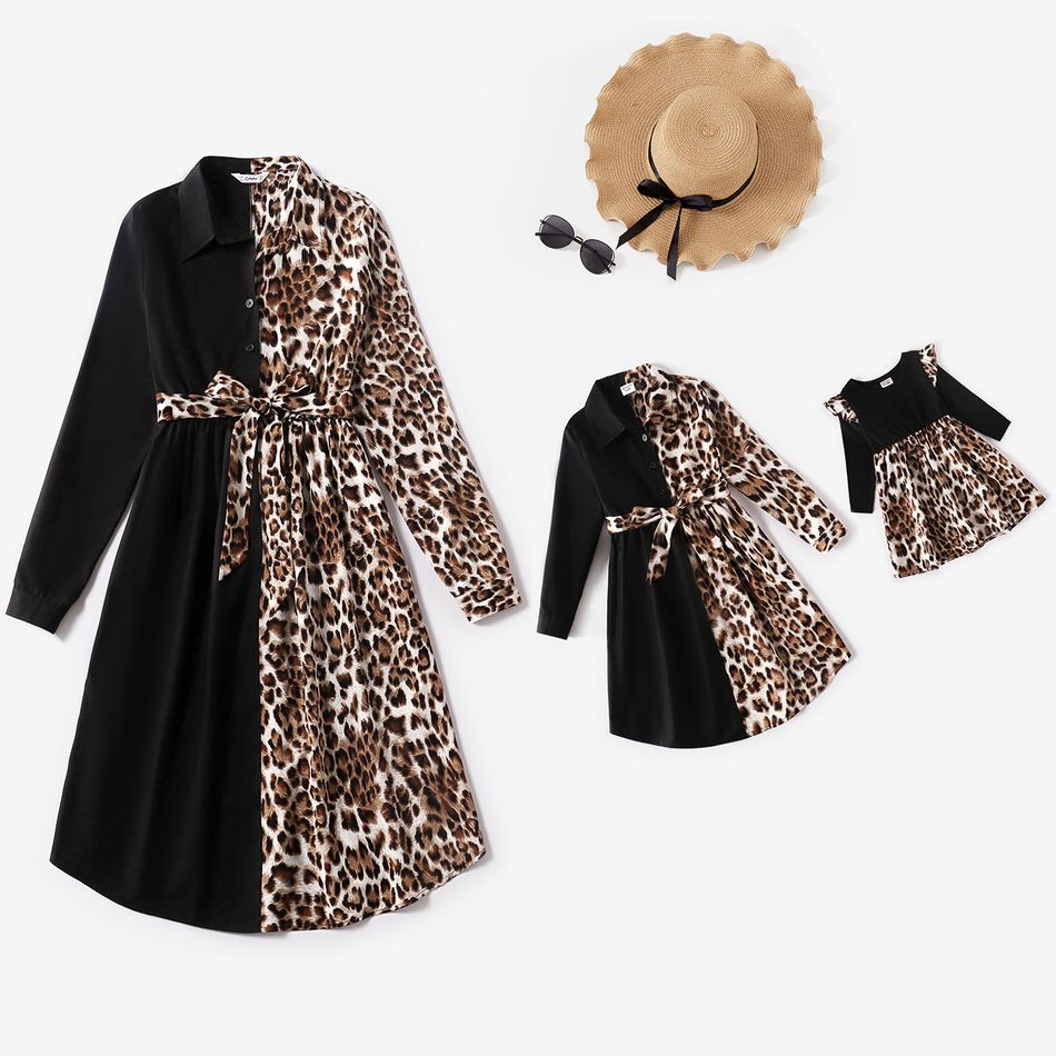 Black Splicing Leopard Lapel Long-sleeve Belted Shirt Dress for Mom and Me Black