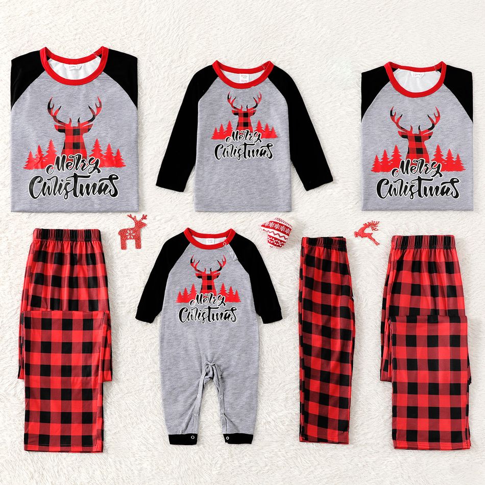 Christmas Reindeer and Letter Print Family Matching Raglan Long-sleeve Plaid Pajamas Sets (Flame Resistant) Color block
