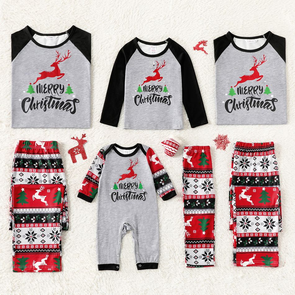 Christmas Reindeer and Letter Print Family Matching Black Raglan Long-sleeve Pajamas Sets (Flame Resistant) Color block