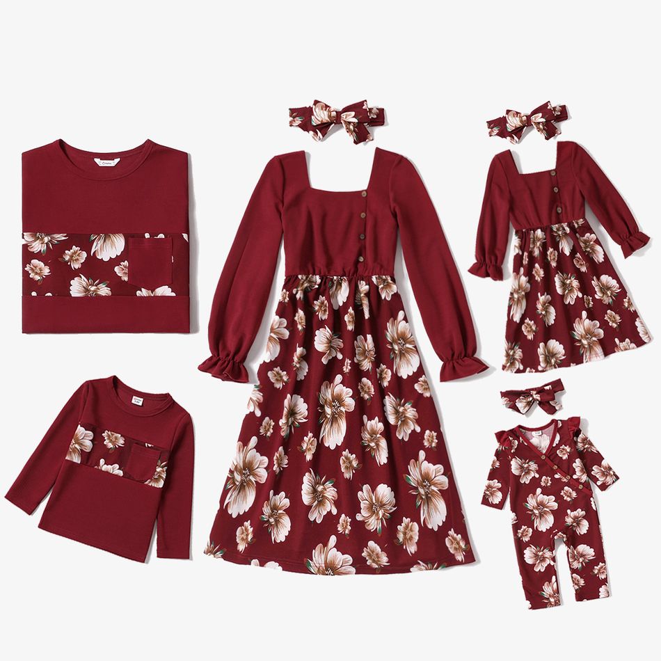 Family Matching Dark Red Square Neck Long-sleeve Splicing Floral Print Dresses and T-shirts Sets darkred