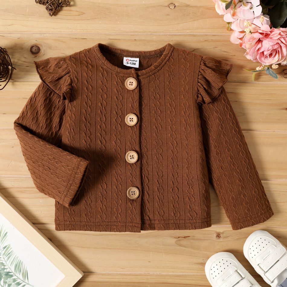 Baby Girl Solid Cable Knit Ruffle Long-sleeve Button Down Cardigan Brown