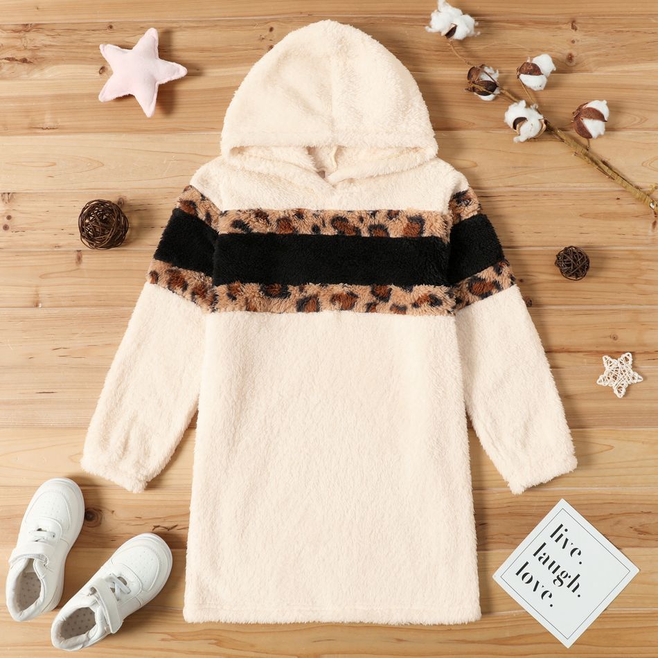 Kid Girl Leopard Print Colorblock Long-sleeve Fuzzy Hooded Sweatshirt Dress Apricot