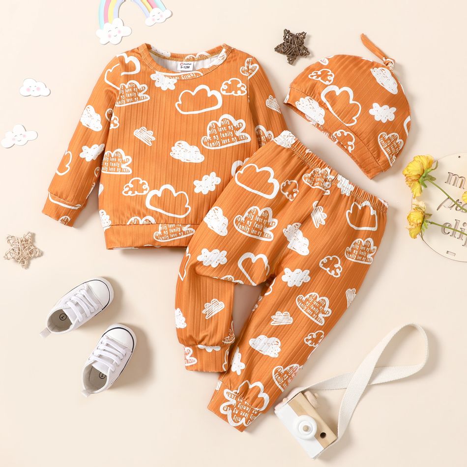 3pcs Baby Girl All Over Cloud and Letter Print Brown Long-sleeve Pullover with Trousers Set Brown