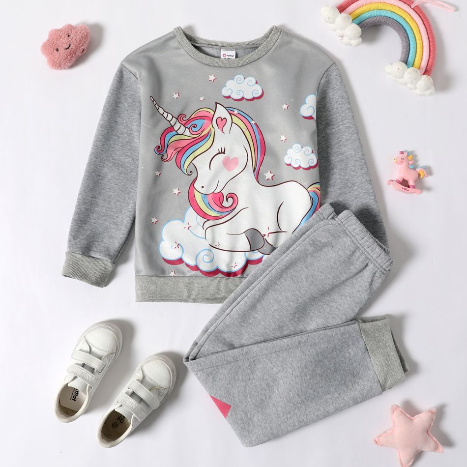 2-piece Kid Girl Unicorn Cloud Print Pullover Sweatshirt and Heart Print Pants Casual Set Grey