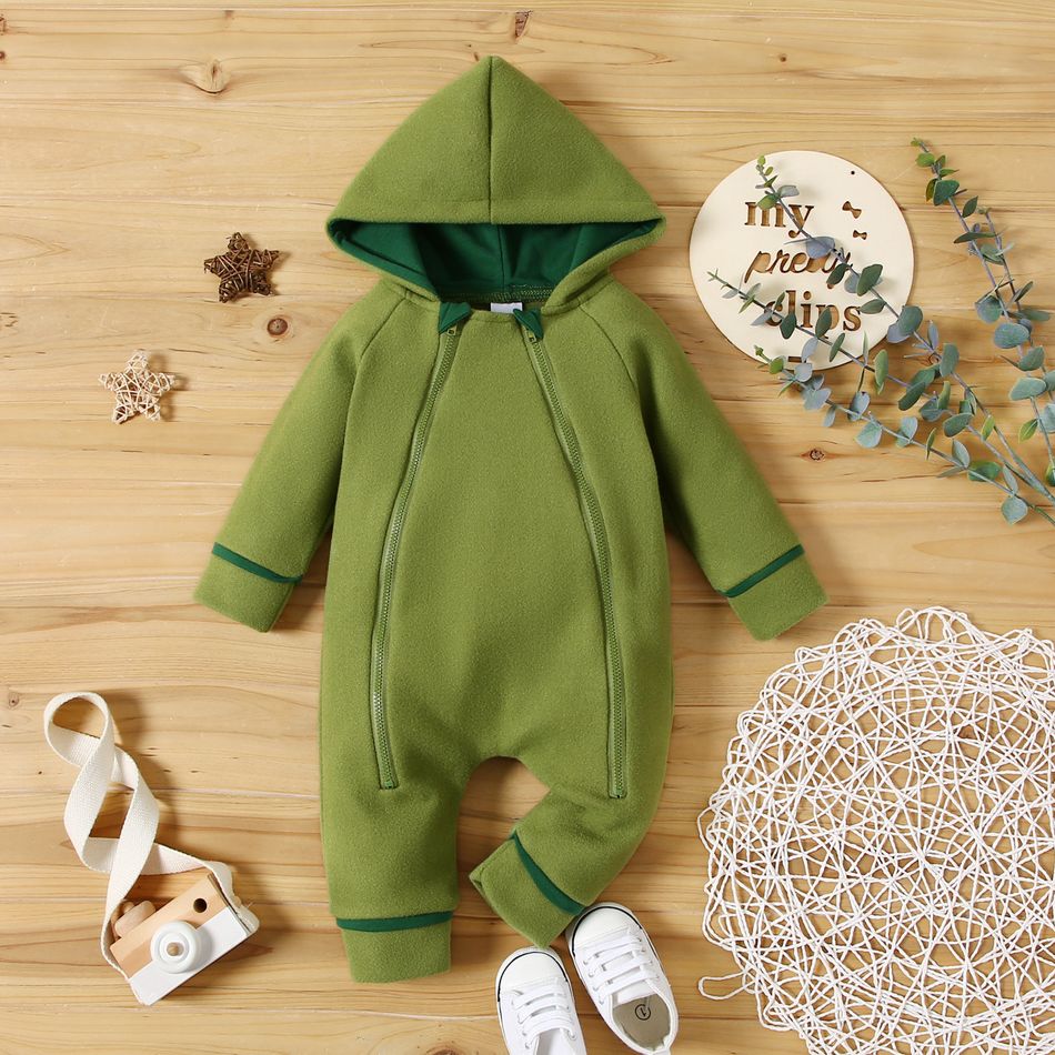 Baby Solid Thickened Long-sleeve Hooded Zip Jumpsuit Green