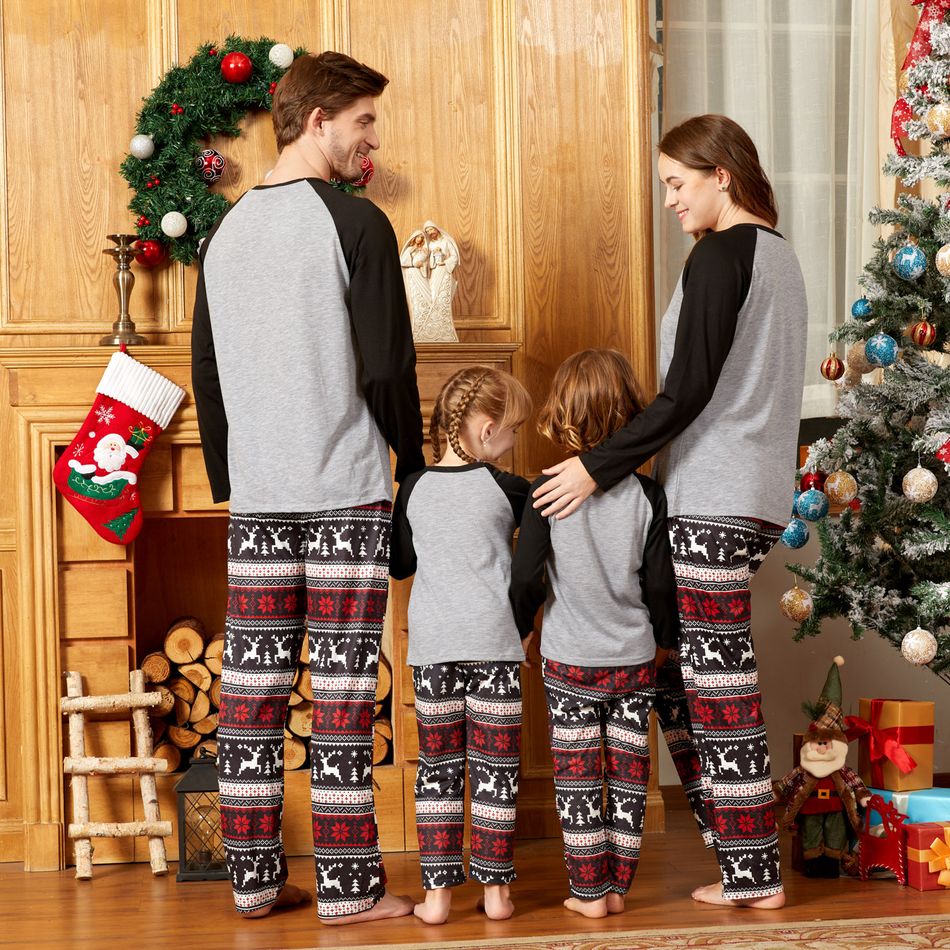 Christmas Plaid Reindeer and Letter Print Grey Family Matching Raglan Long-sleeve Pajamas Sets (Flame Resistant) Grey big image 2