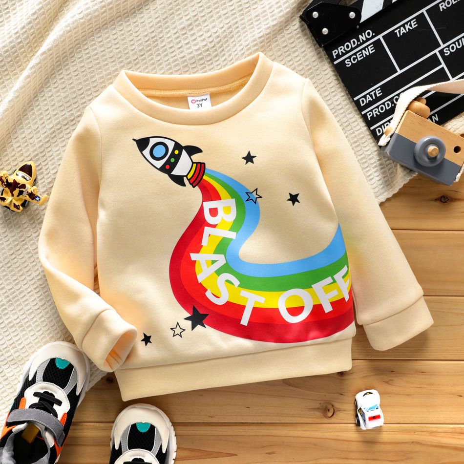 Toddler Boy Rocket Letter Rainbow/Vehicle Print Pullover Sweatshirt Beige big image 1