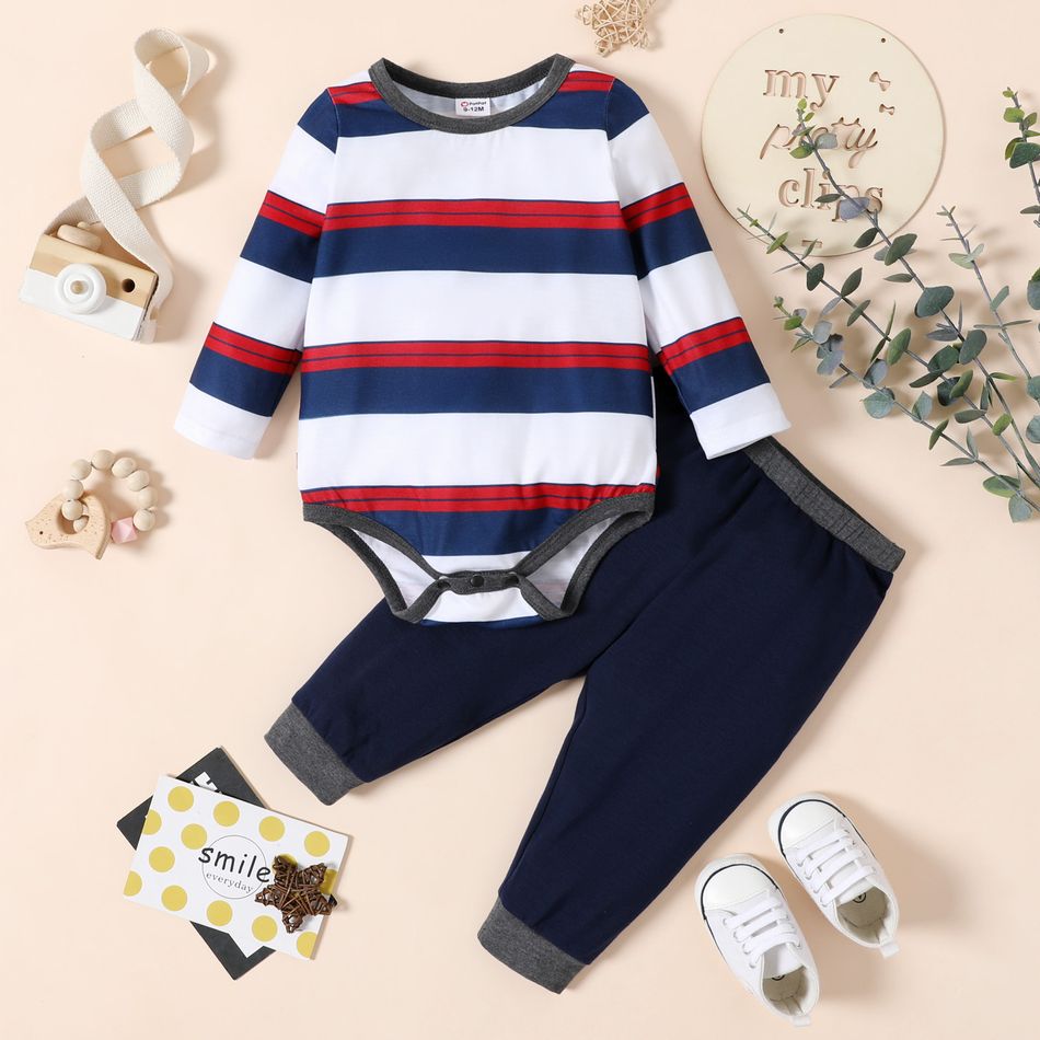 2pcs Baby Boy Striped Long-sleeve Romper and Solid Trousers Set Grey big image 4