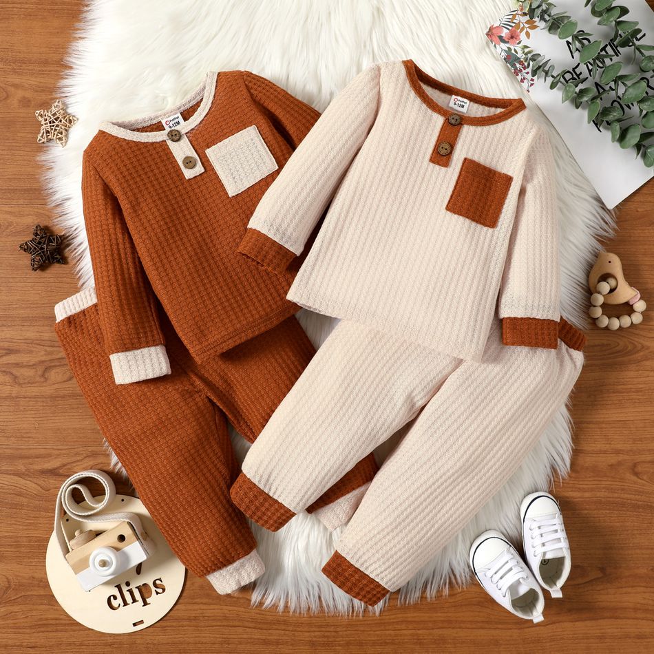 2pcs Baby Boy Color Block Waffle Loungewear Top and Trousers Set Apricot big image 6