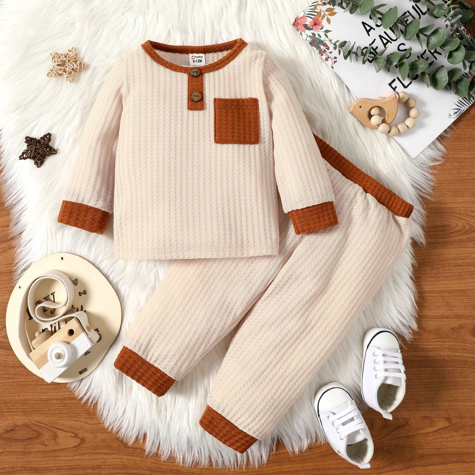 2pcs Baby Boy Color Block Waffle Loungewear Top and Trousers Set Apricot big image 1