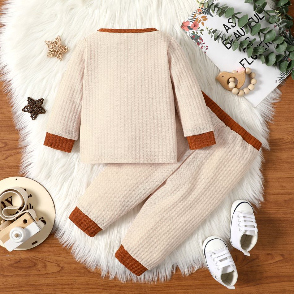 2pcs Baby Boy Color Block Waffle Loungewear Top and Trousers Set Apricot big image 5