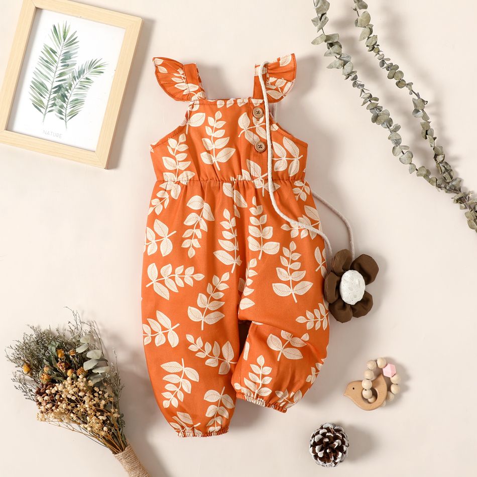 Baby Girl All Over Leaves Print Ruffle Button Design Overalls Orange