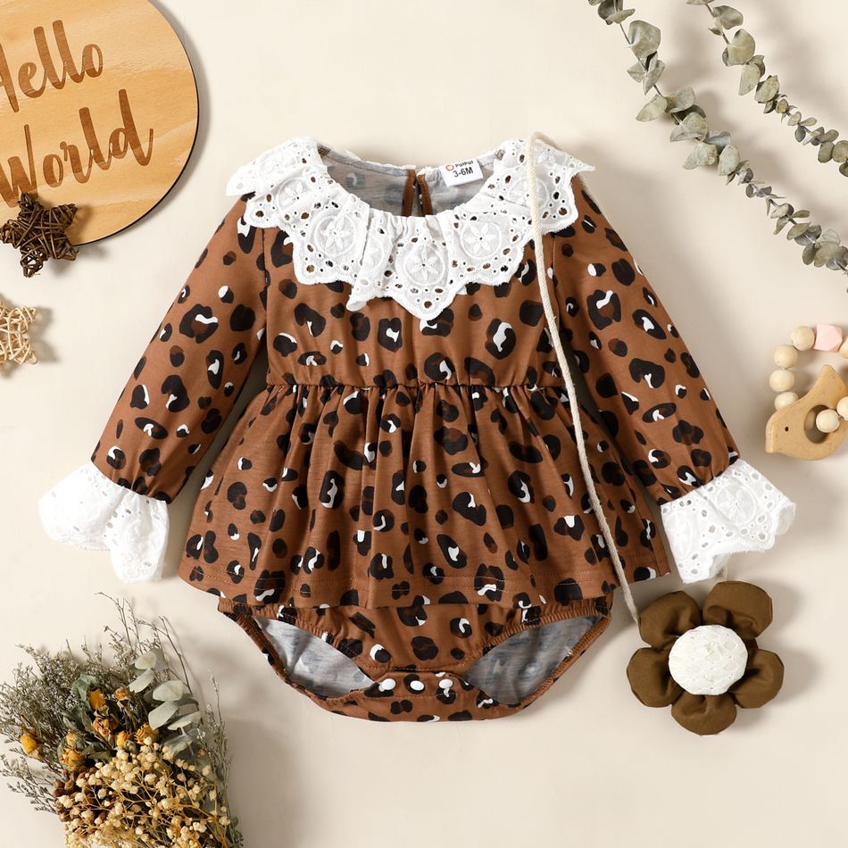 Baby Girl Hollow Out Ruffle Collar Brown Leopard Long-sleeve Romper Brown