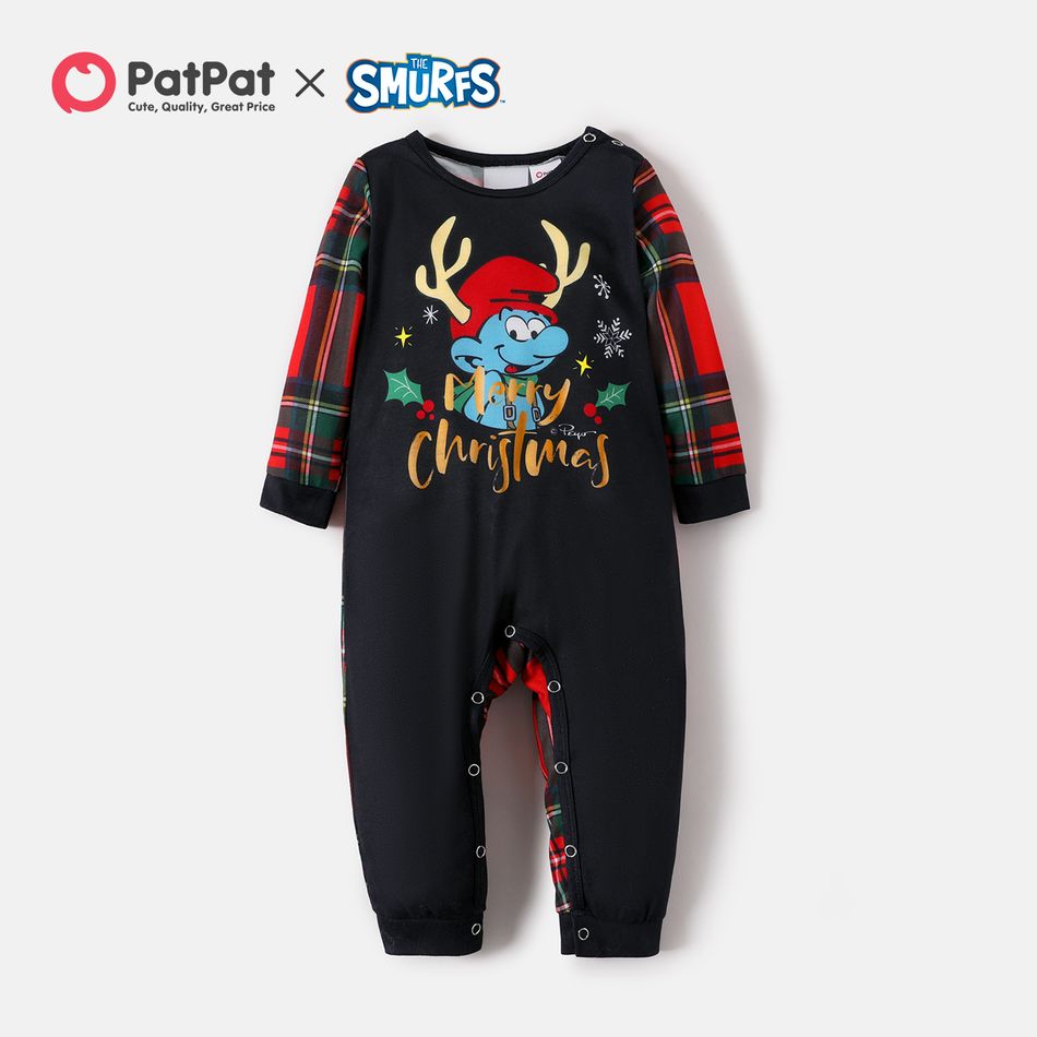 Smurfs Family Matching Christmas Antler Print Top and Plaid Pants Pajamas Sets Black big image 5