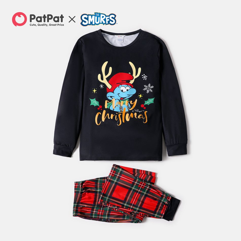 Smurfs Family Matching Christmas Antler Print Top and Plaid Pants Pajamas  Sets Black big image 2