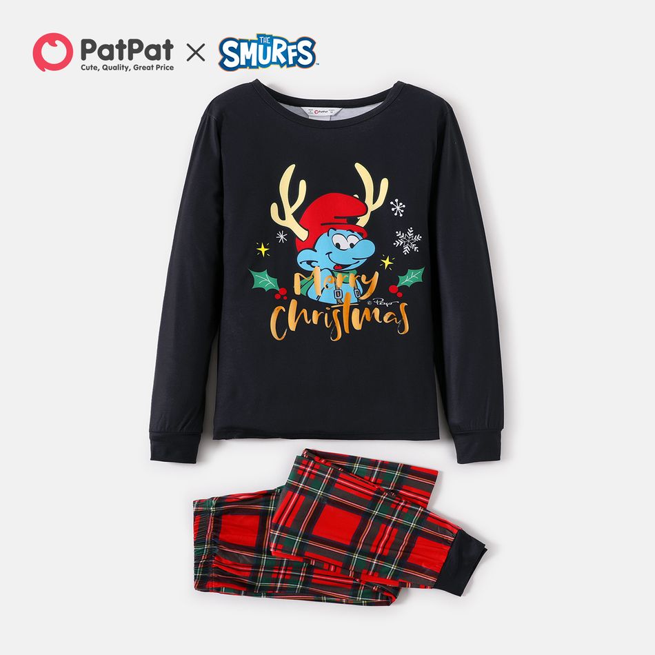 Smurfs Family Matching Christmas Antler Print Top and Plaid Pants Pajamas  Sets Black big image 3