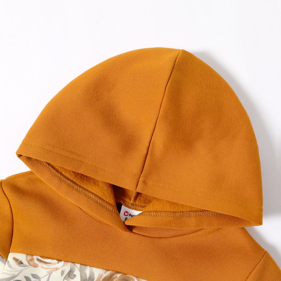 2-piece Kid Girl Floral Print Colorblock Hoodie Sweatshirt and Elasticized Pants Set Apricot big image 3
