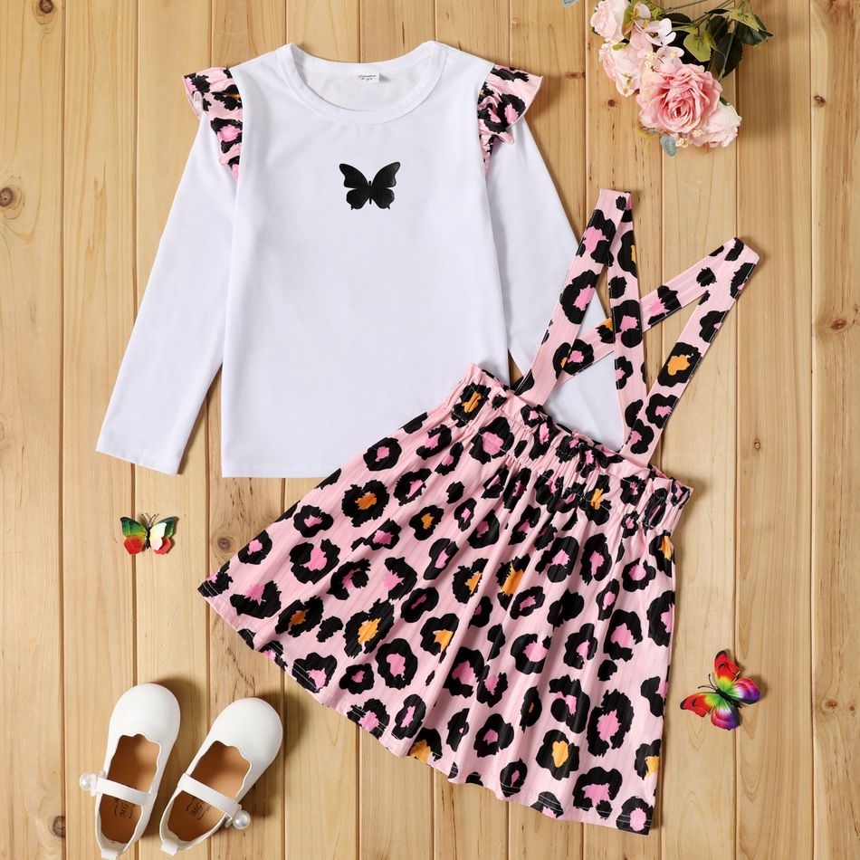 2-piece Kid Girl Butterfly Leopard Print Long-sleeve White Top and Suspender Skirt Set Pink