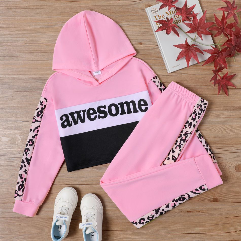 2-piece Kid Girl Letter Leopard Print Colorblock Crop Hoodie Sweatshirt and Elasticized Pants Set Light Pink