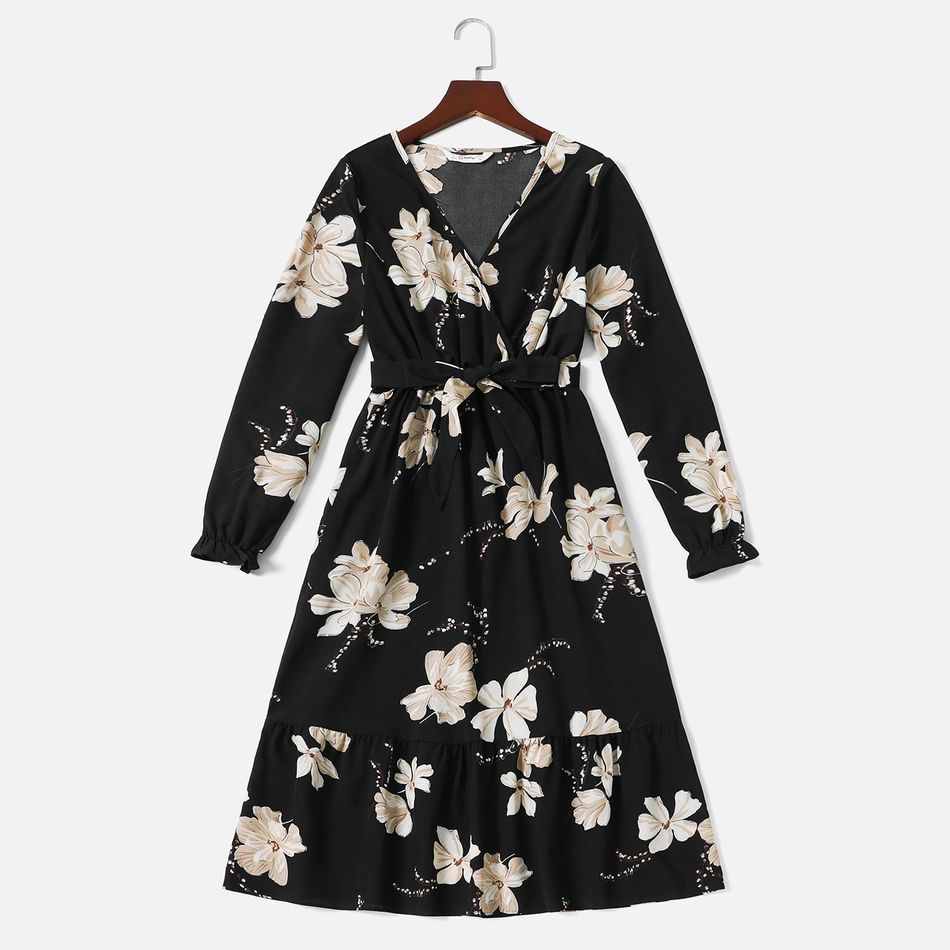 Allover Floral Print Long-sleeve Belted Dress for Mom and Me Black big image 2