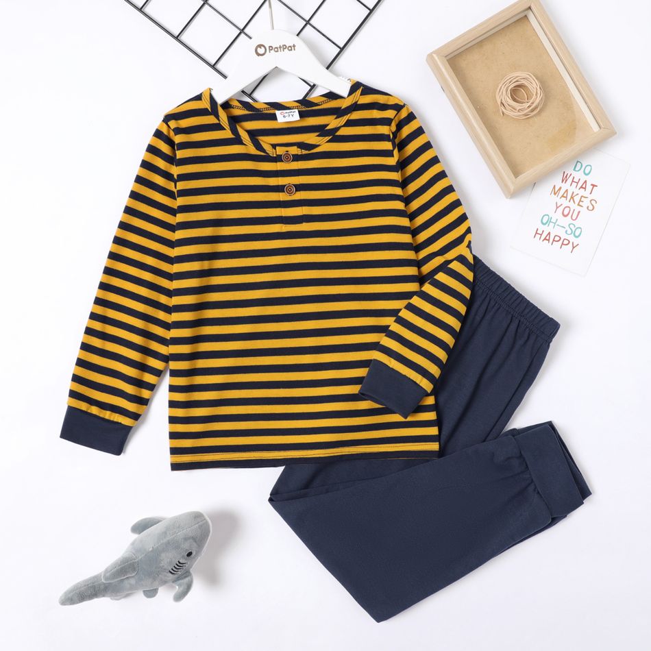2-piece Kid Boy Stripe Long-sleeve Henley Shirt and Dark Blue Pants Pants Set Yellow