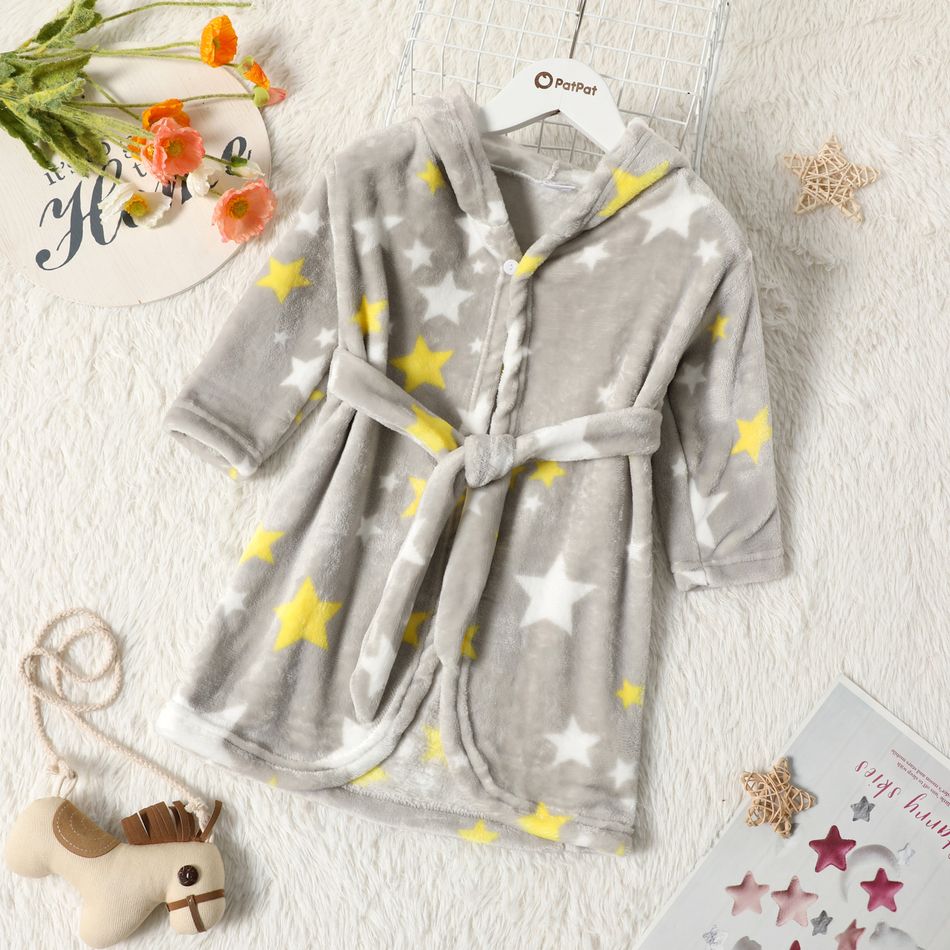 Star Allover Belt Decor Hooded Fluffy Long-sleeve Grey Toddler Pajamas Light Grey