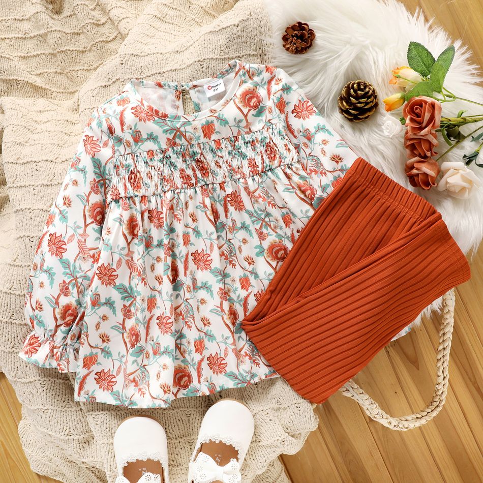 2-piece Toddler Girl Floral Print Smocked Long-sleeve Blouse and Ribbed Orange Pants Set Orange