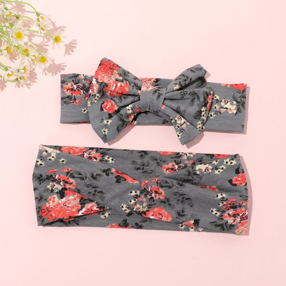 Floral Print Grey Bow Headband for Mom and Me Grey